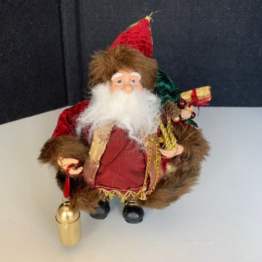Christmas Santa Claus Doll 8" Figure Red Coat holding Bag  Of Toys Xmas Decor St